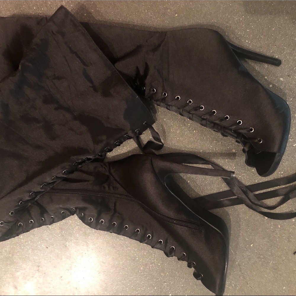 Thigh high black satin boots with ribbon laces